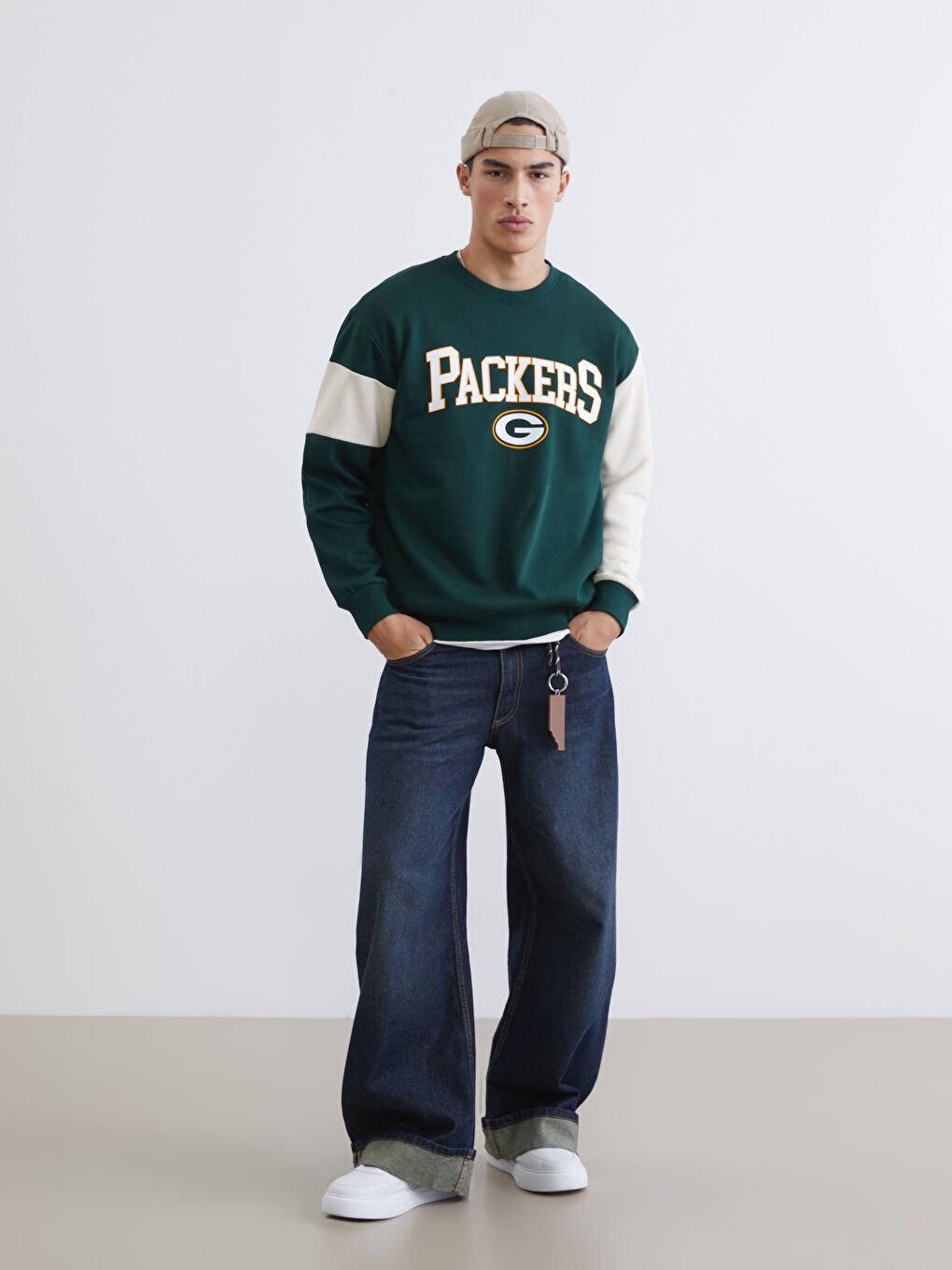 Yeşil Bisiklet Yaka Nfl Baskılı Erkek Kalın Sweatshirt-1