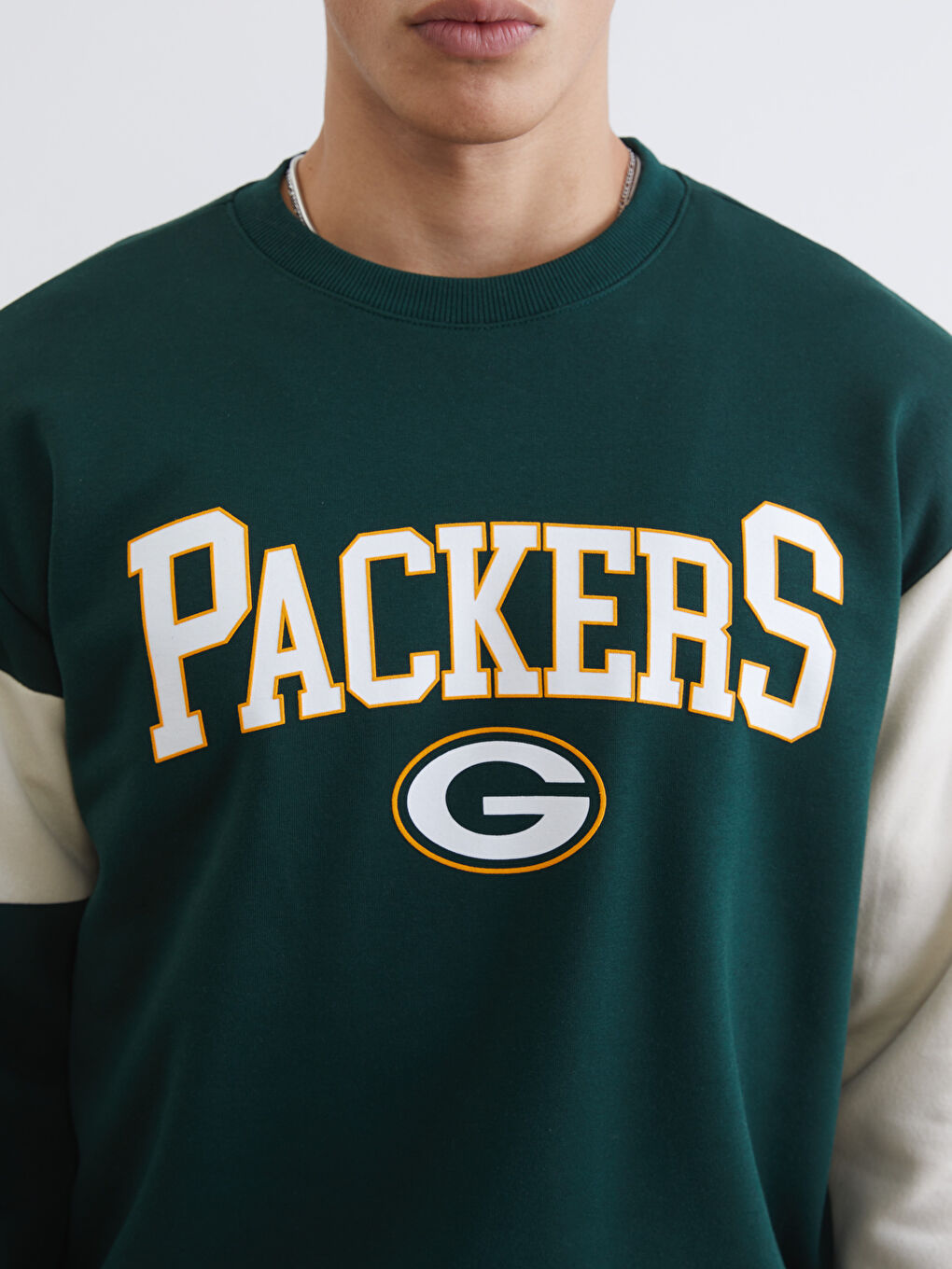 Yeşil Bisiklet Yaka Nfl Baskılı Erkek Kalın Sweatshirt-2
