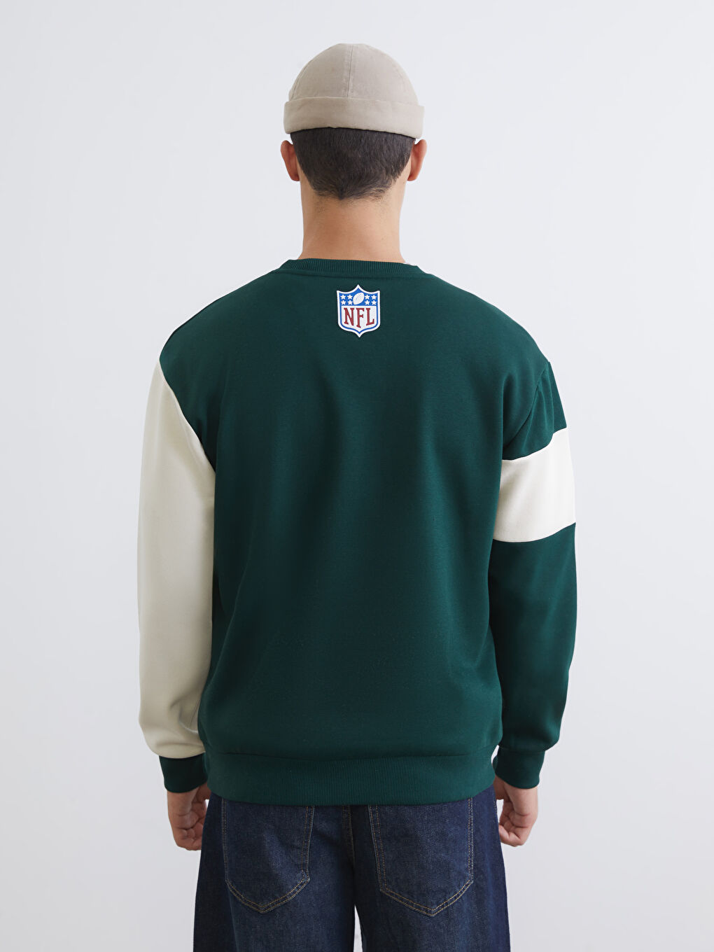 Yeşil Bisiklet Yaka Nfl Baskılı Erkek Kalın Sweatshirt-3