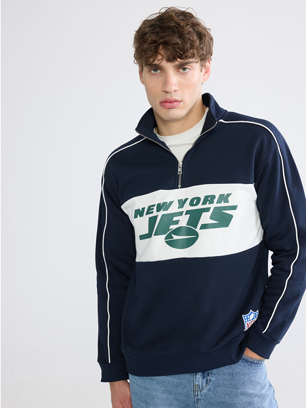 Lacivert Dik Yaka Baskılı Erkek Sweatshirt