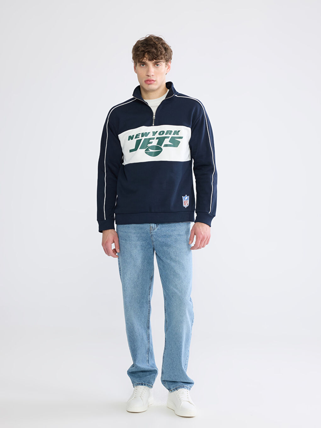 Lacivert Dik Yaka Baskılı Erkek Sweatshirt-1