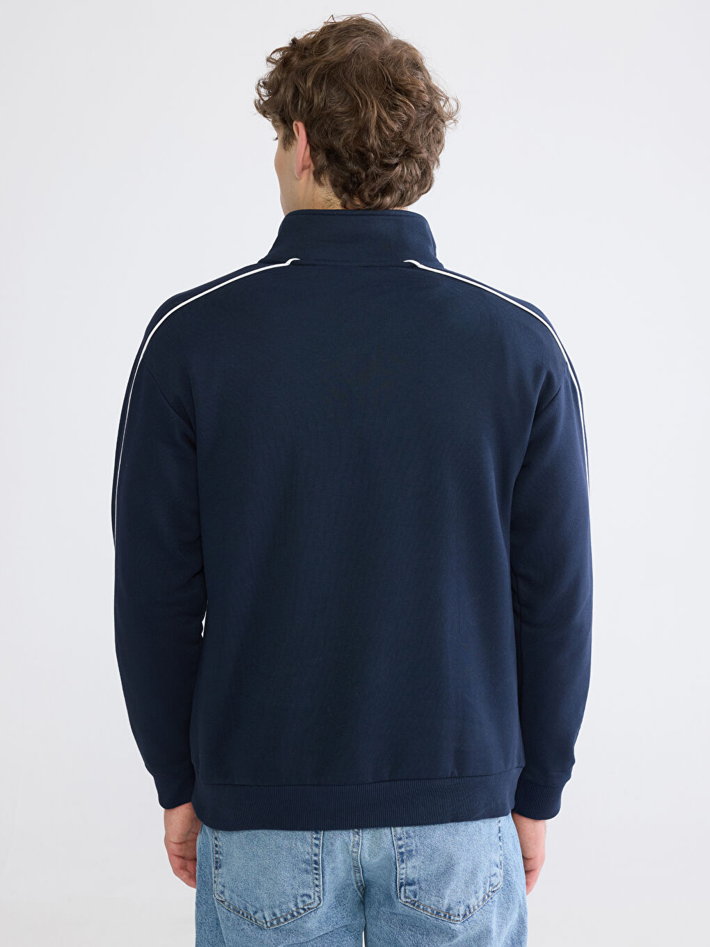 Lacivert Dik Yaka Baskılı Erkek Sweatshirt-3