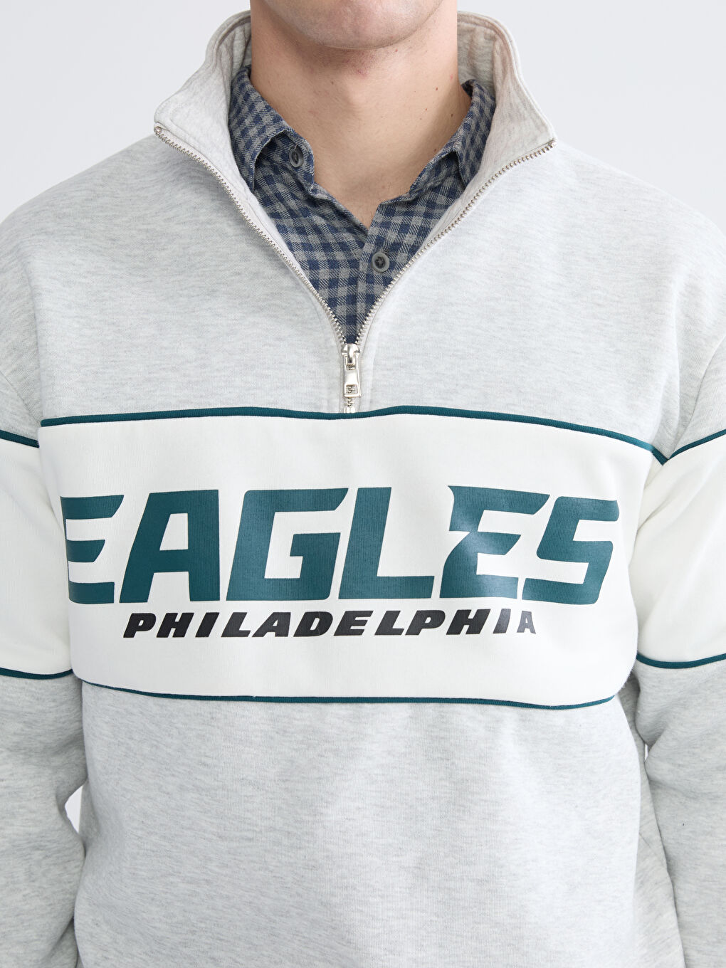 Beyaz Dik Yaka Baskılı Erkek Kalın Sweatshirt-2