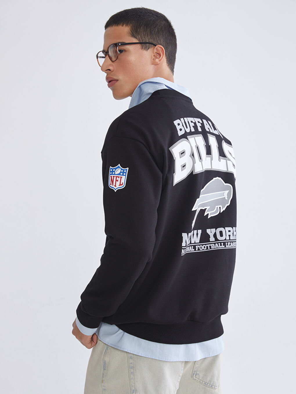 Siyah Bisiklet Yaka Baskılı Erkek Kalın Sweatshirt