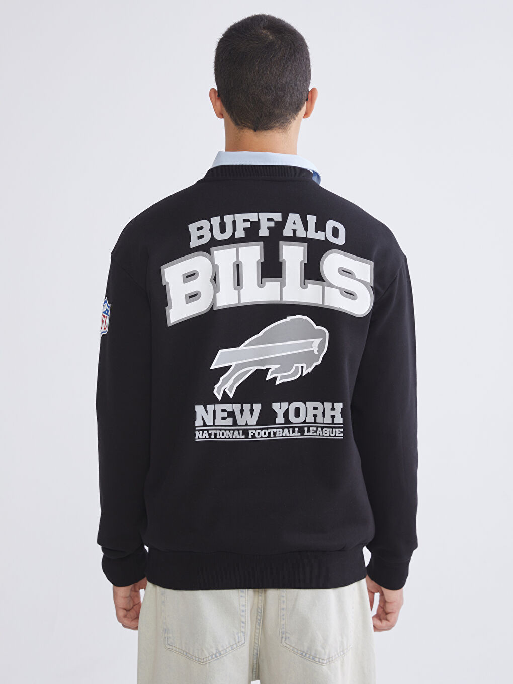 Siyah Bisiklet Yaka Baskılı Erkek Kalın Sweatshirt-3