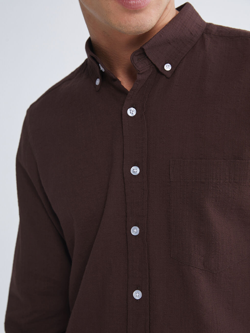 Kahverengi Regular Fit Uzun Kollu Erkek Dokulu Gömlek-2