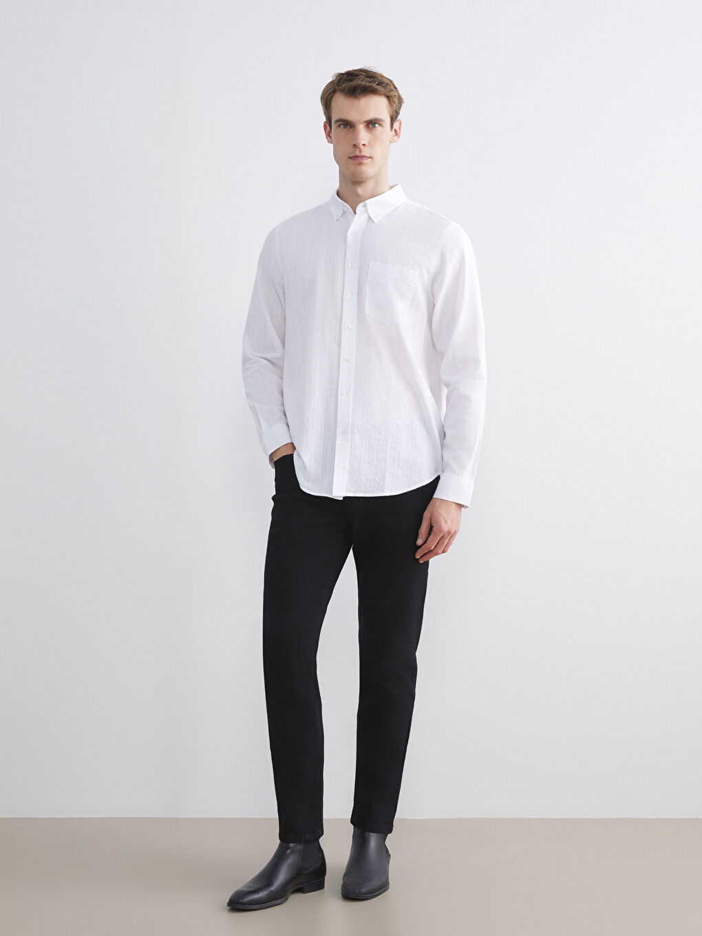 Beyaz Regular Fit Uzun Kollu Erkek Dokulu Gömlek-1