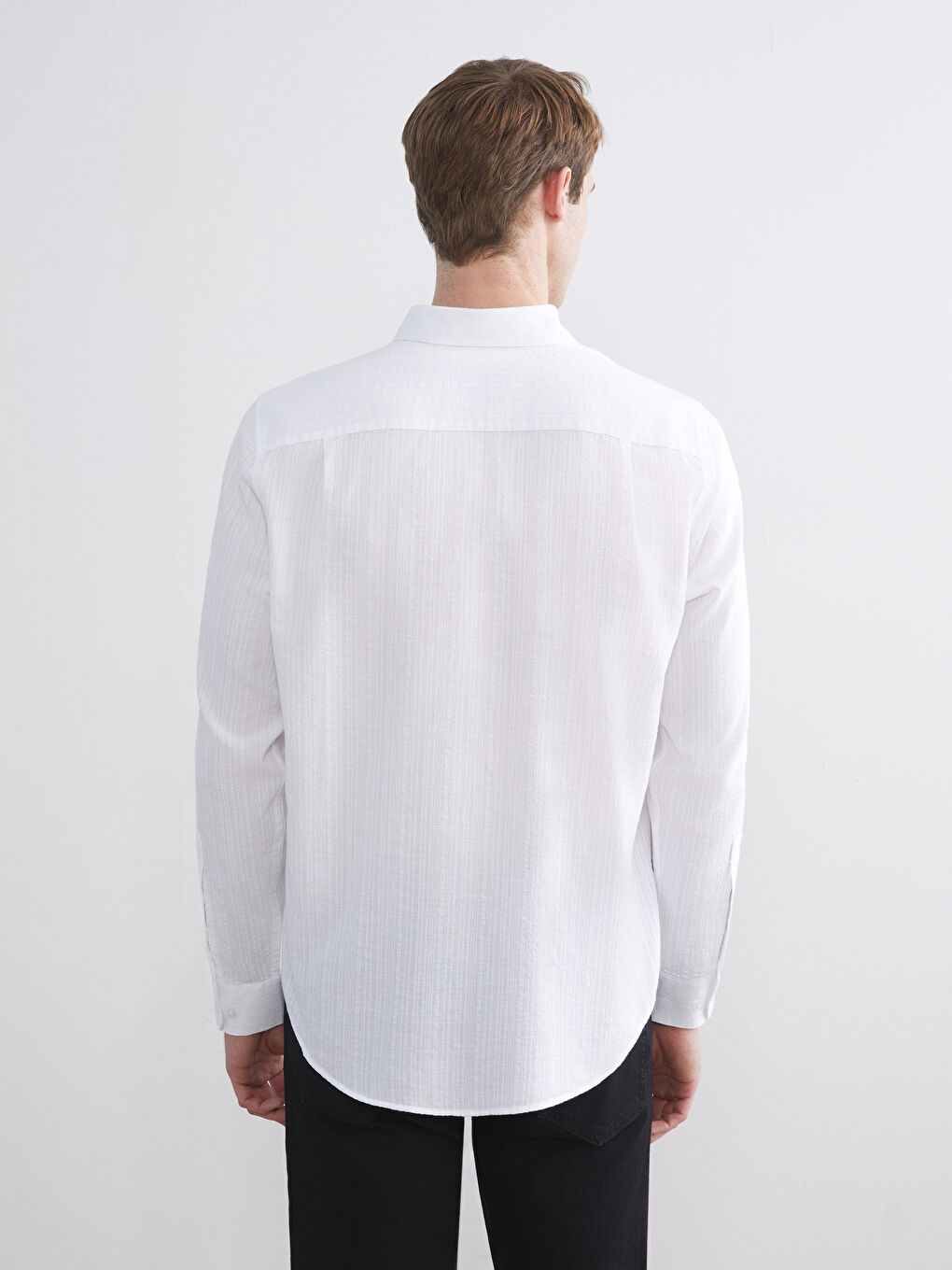 Beyaz Regular Fit Uzun Kollu Erkek Dokulu Gömlek-3