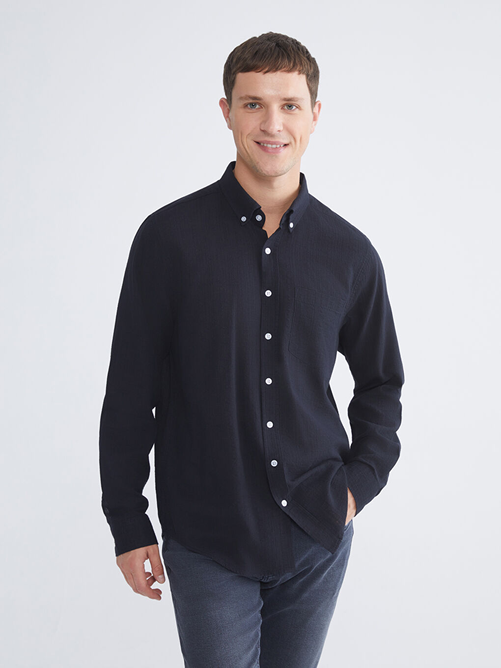 Lacivert Regular Fit Uzun Kollu Erkek Dokulu Gömlek