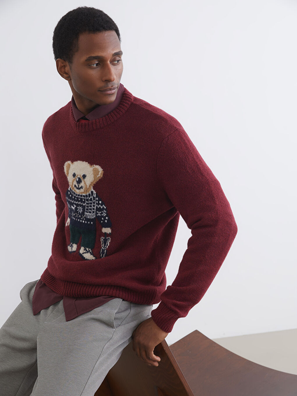 Bordo Bisiklet Yaka Ayı Teddy Baskılı Erkek Triko Kazak