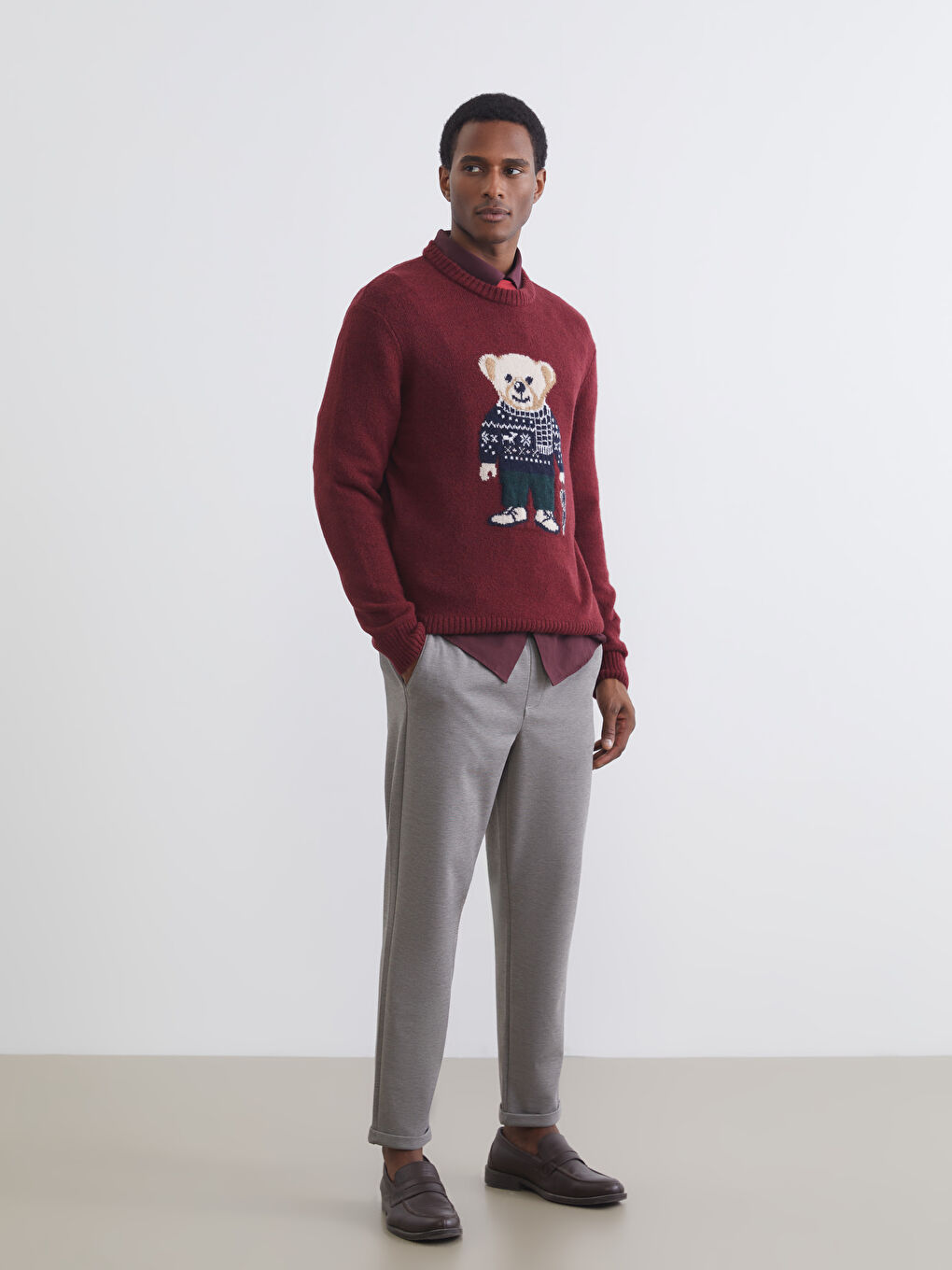 Bordo Bisiklet Yaka Ayı Teddy Baskılı Erkek Triko Kazak-1