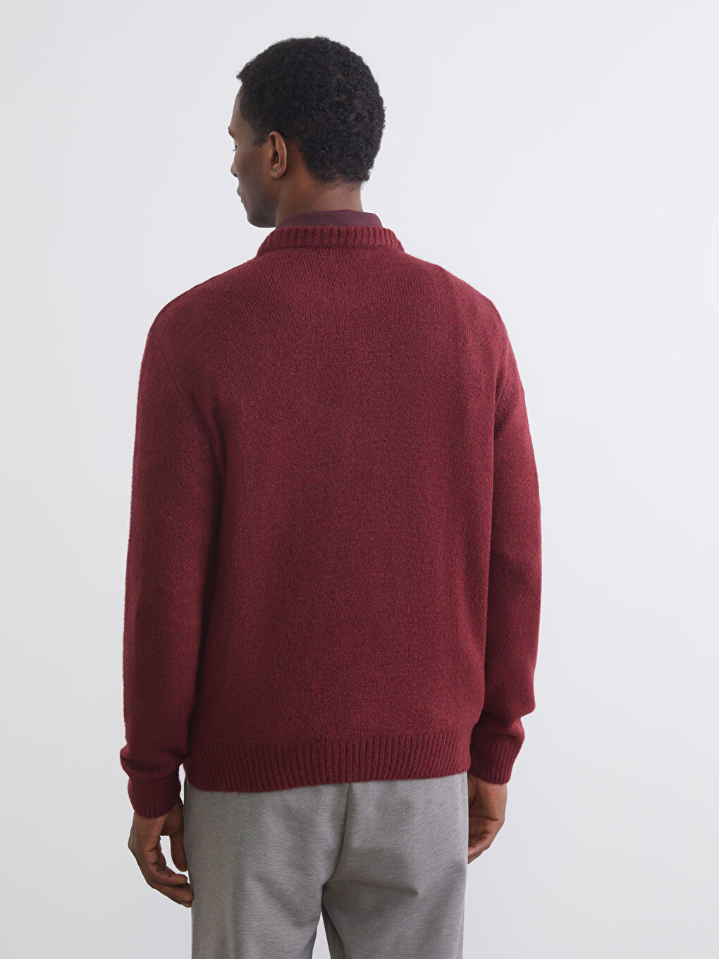 Bordo Bisiklet Yaka Ayı Teddy Baskılı Erkek Triko Kazak-3