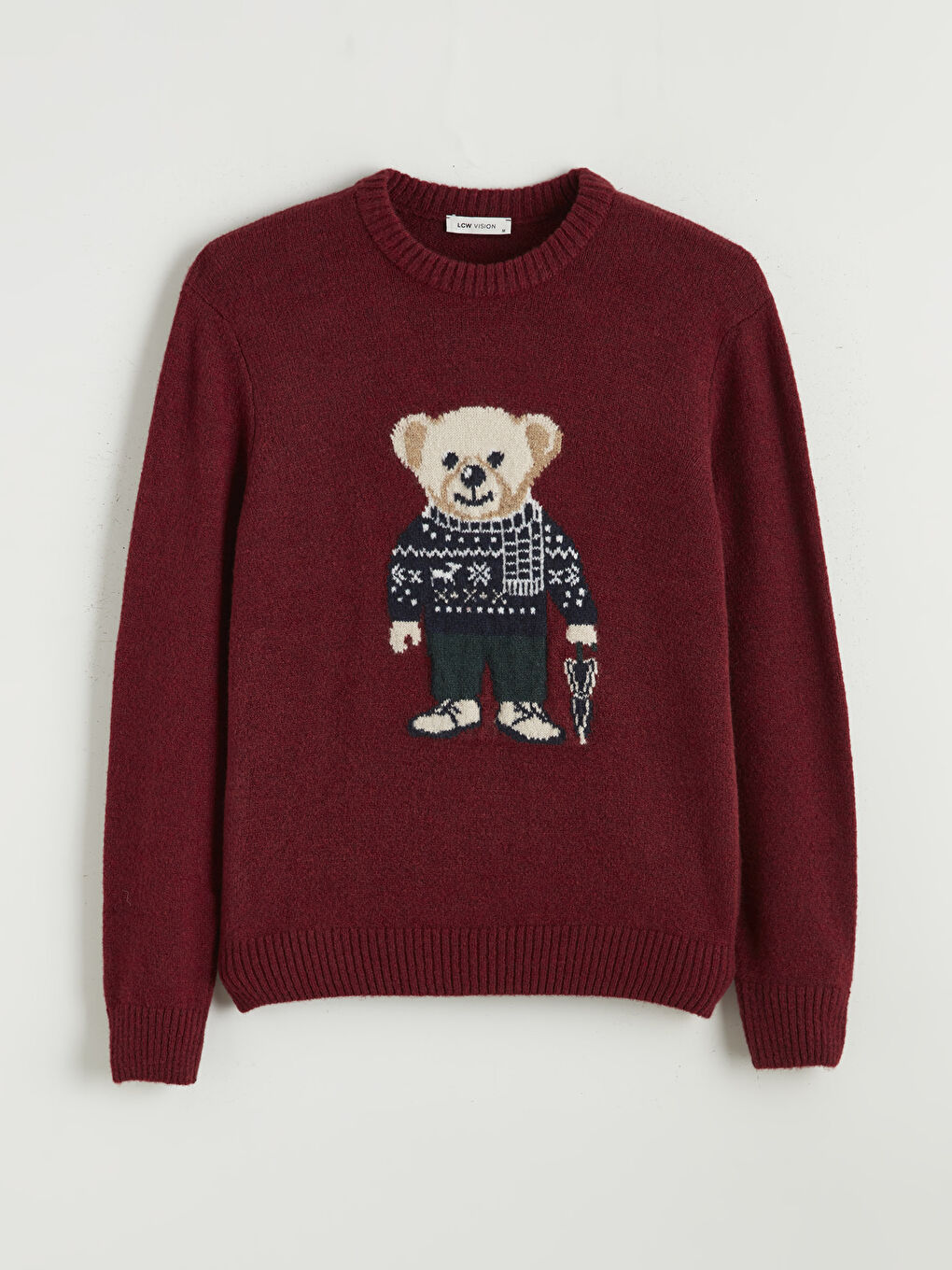 Bordo Bisiklet Yaka Ayı Teddy Baskılı Erkek Triko Kazak-4