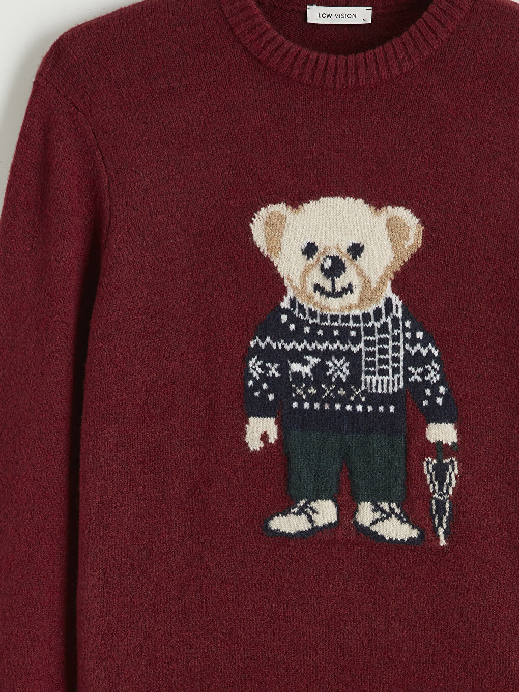 Bordo Bisiklet Yaka Ayı Teddy Baskılı Erkek Triko Kazak-5