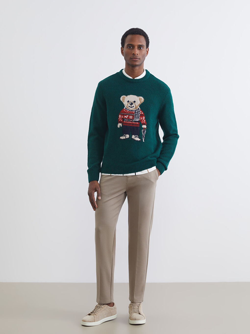 Yeşil Bisiklet Yaka Ayı Teddy Baskılı Erkek Triko Kazak-1