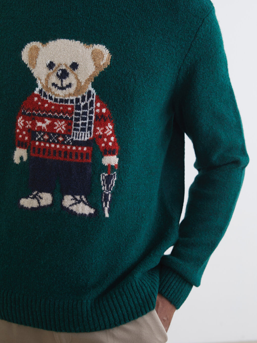 Yeşil Bisiklet Yaka Ayı Teddy Baskılı Erkek Triko Kazak-2