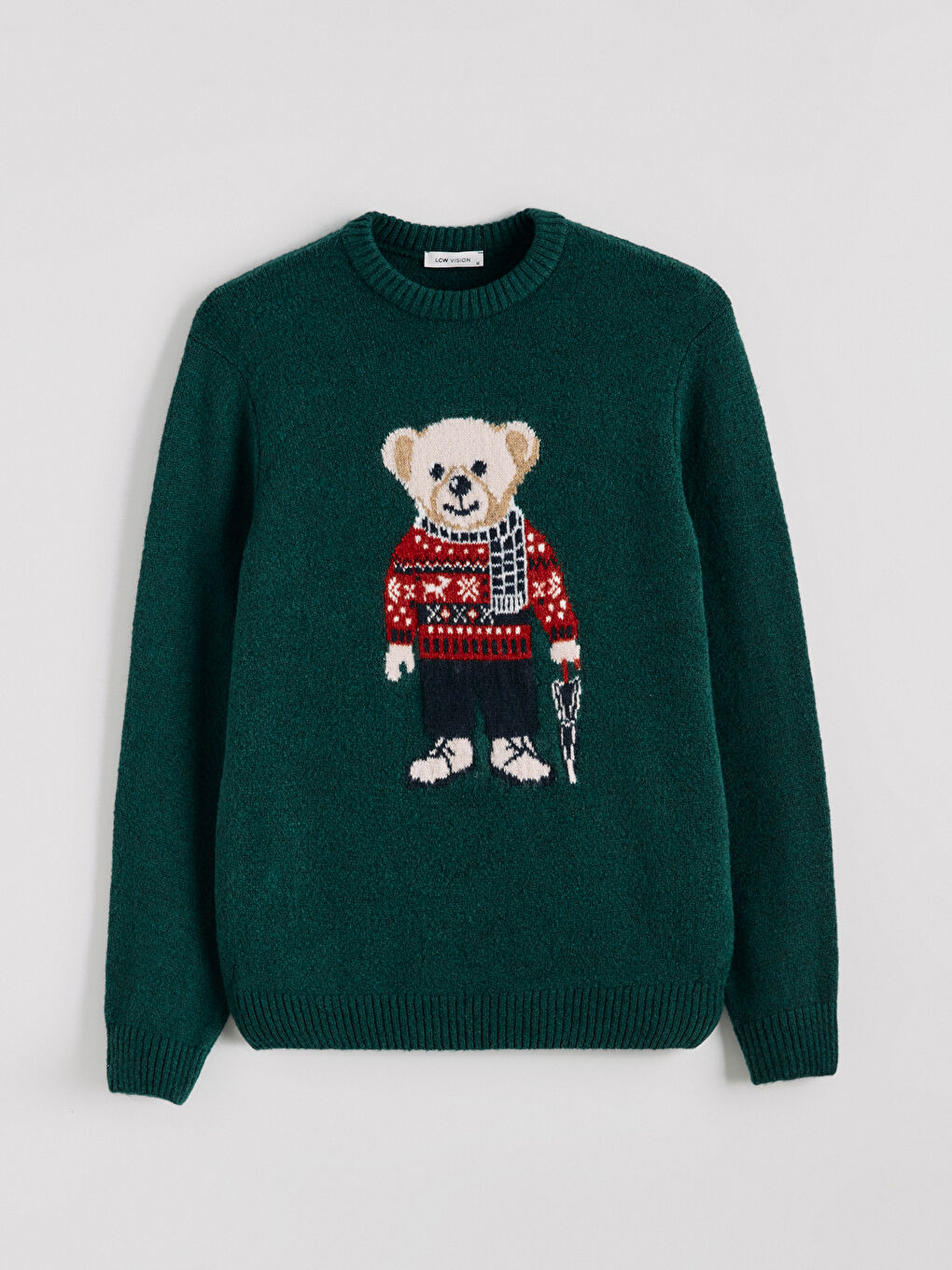 Yeşil Bisiklet Yaka Ayı Teddy Baskılı Erkek Triko Kazak-4