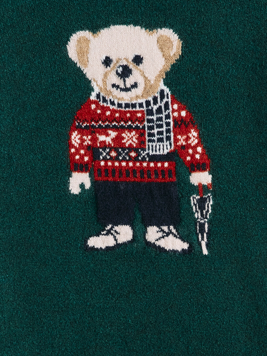 Yeşil Bisiklet Yaka Ayı Teddy Baskılı Erkek Triko Kazak-5