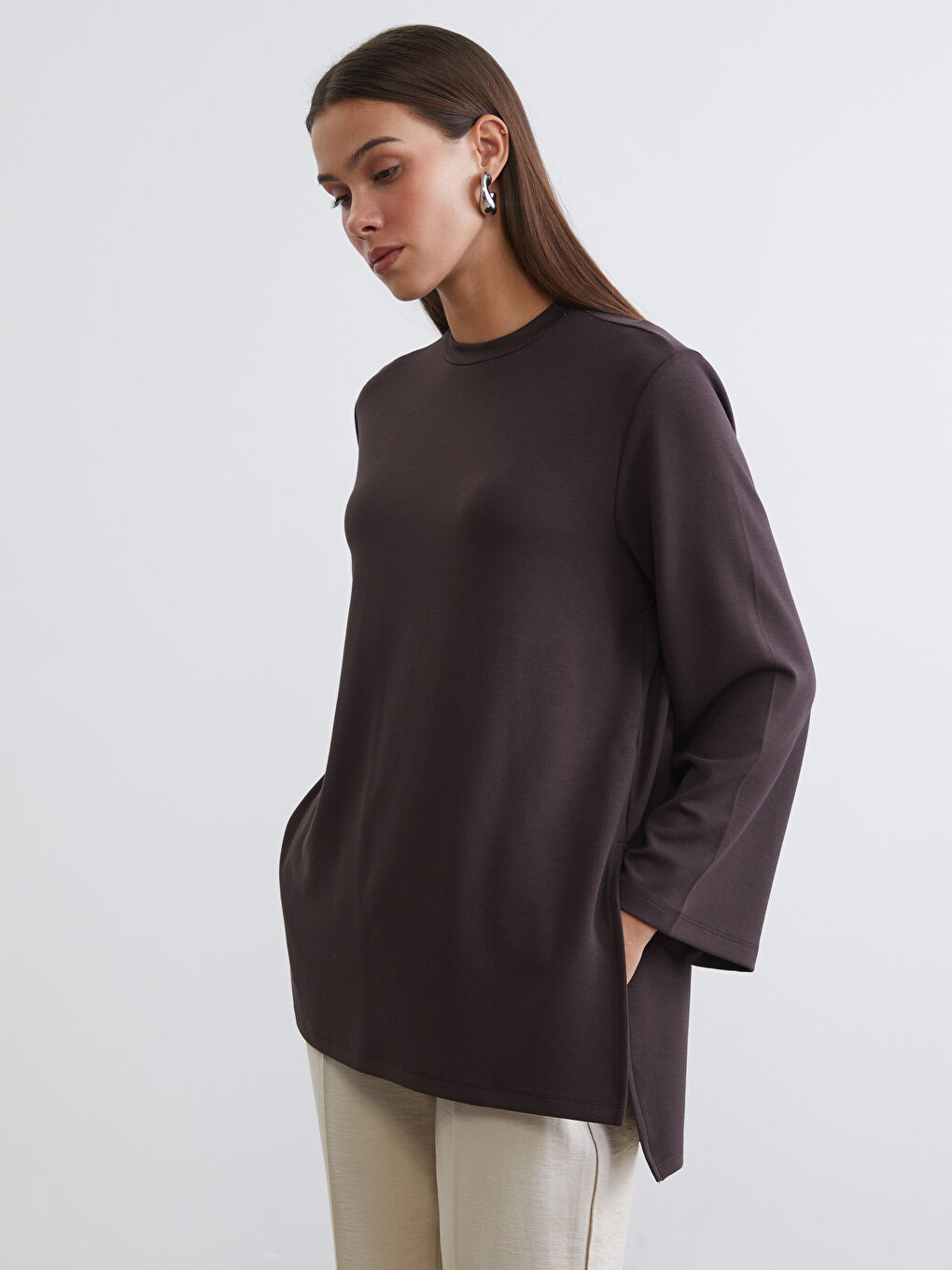 Kahverengi Bisiklet Yaka Oversize Kadın Sweatshirt Tunik