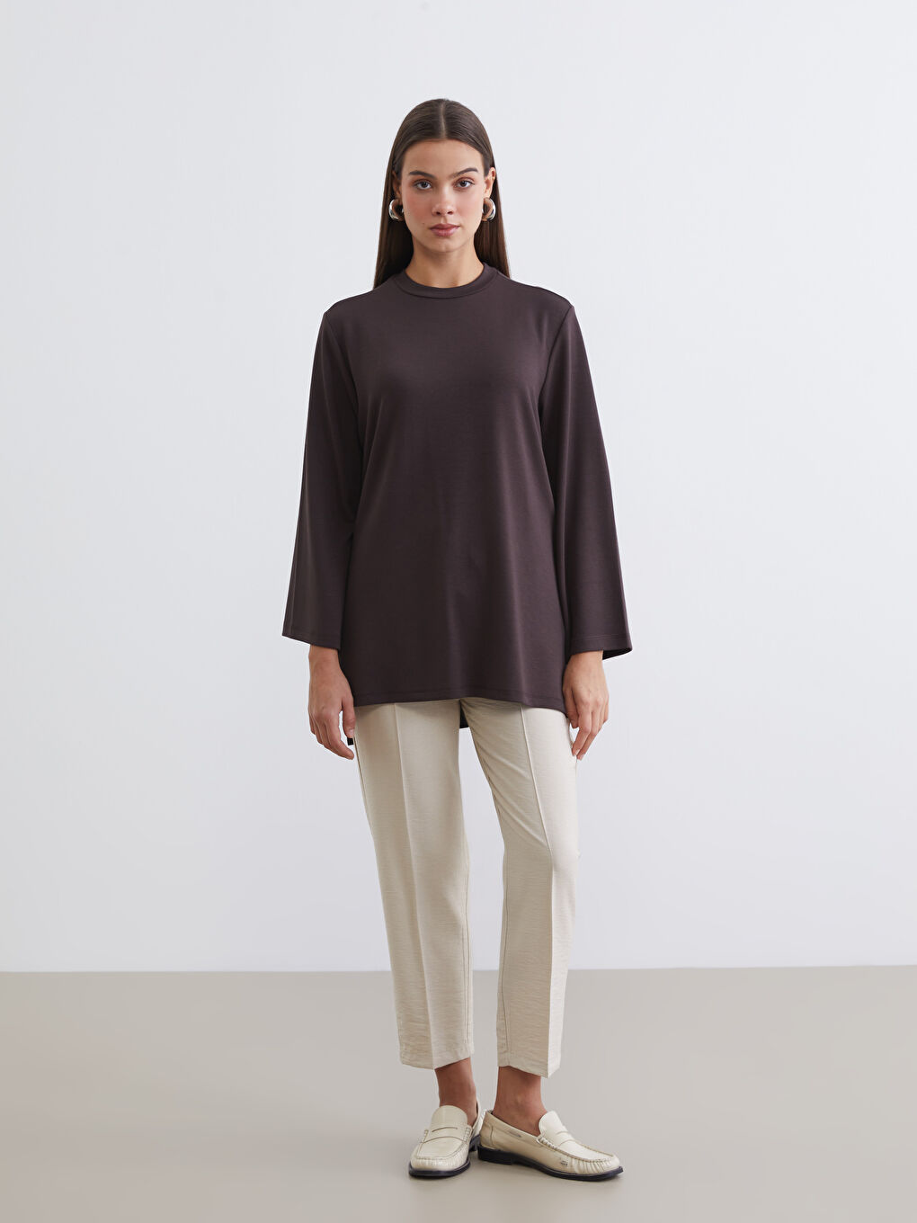 Kahverengi Bisiklet Yaka Oversize Kadın Sweatshirt Tunik-1