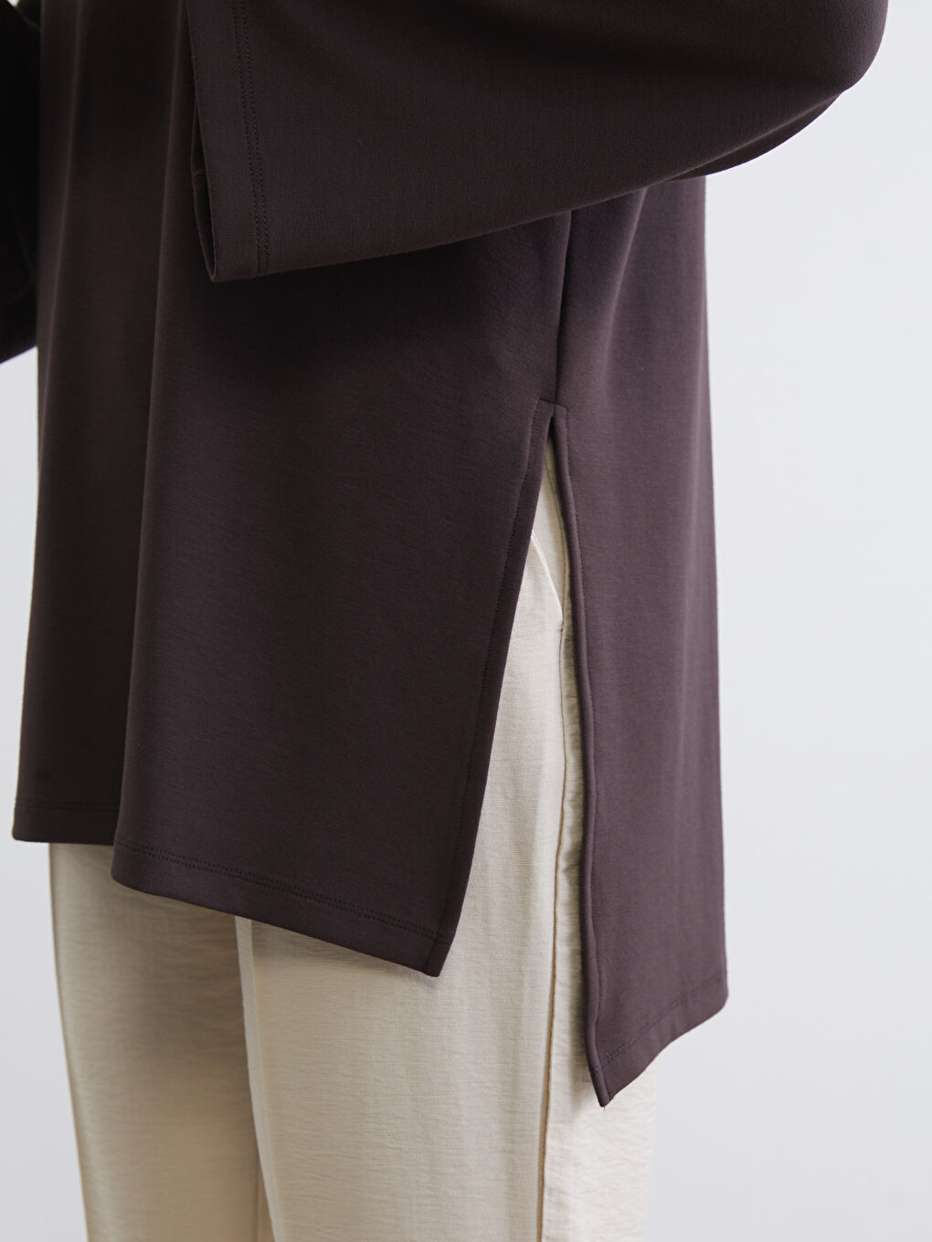 Kahverengi Bisiklet Yaka Oversize Kadın Sweatshirt Tunik-2