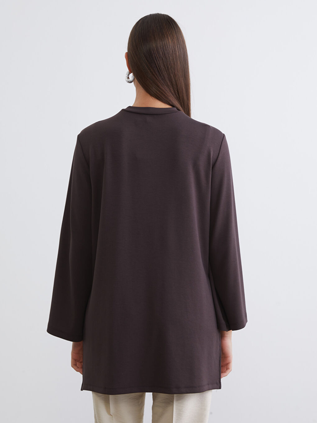 Kahverengi Bisiklet Yaka Oversize Kadın Sweatshirt Tunik-3