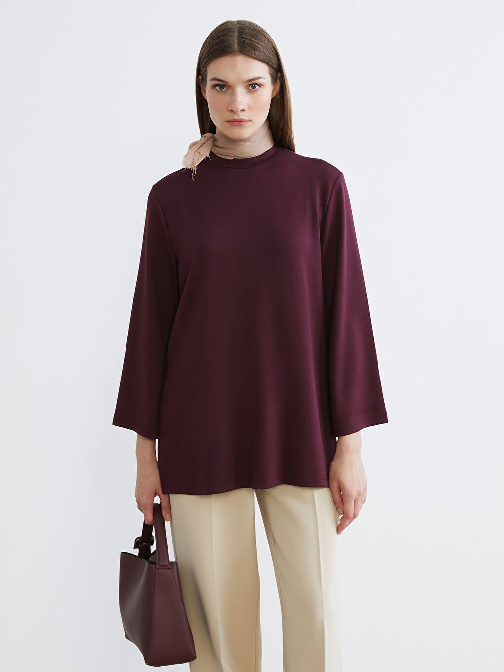 Mürdüm Bisiklet Yaka Oversize Kadın Sweatshirt Tunik