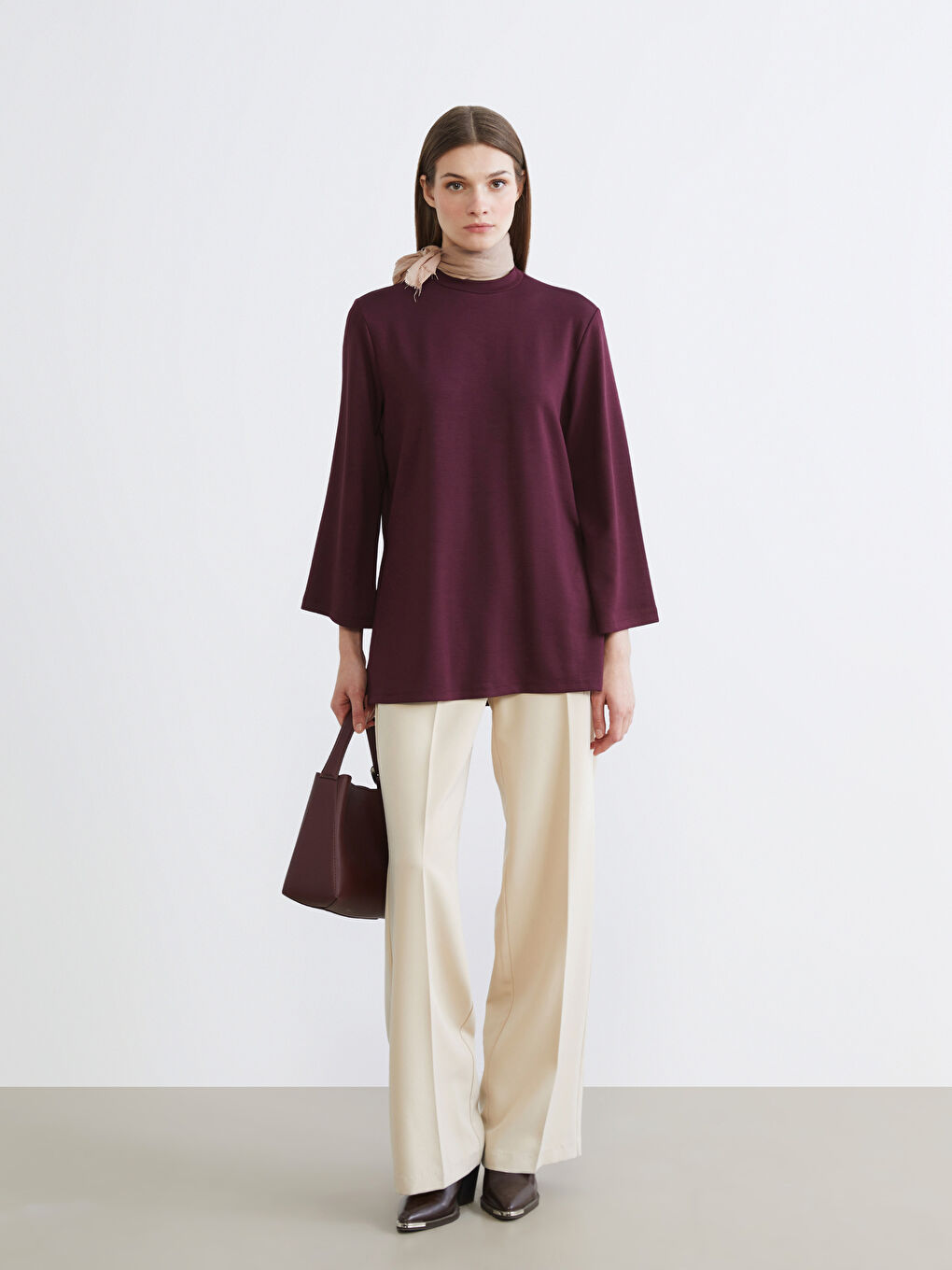 Mürdüm Bisiklet Yaka Oversize Kadın Sweatshirt Tunik-1