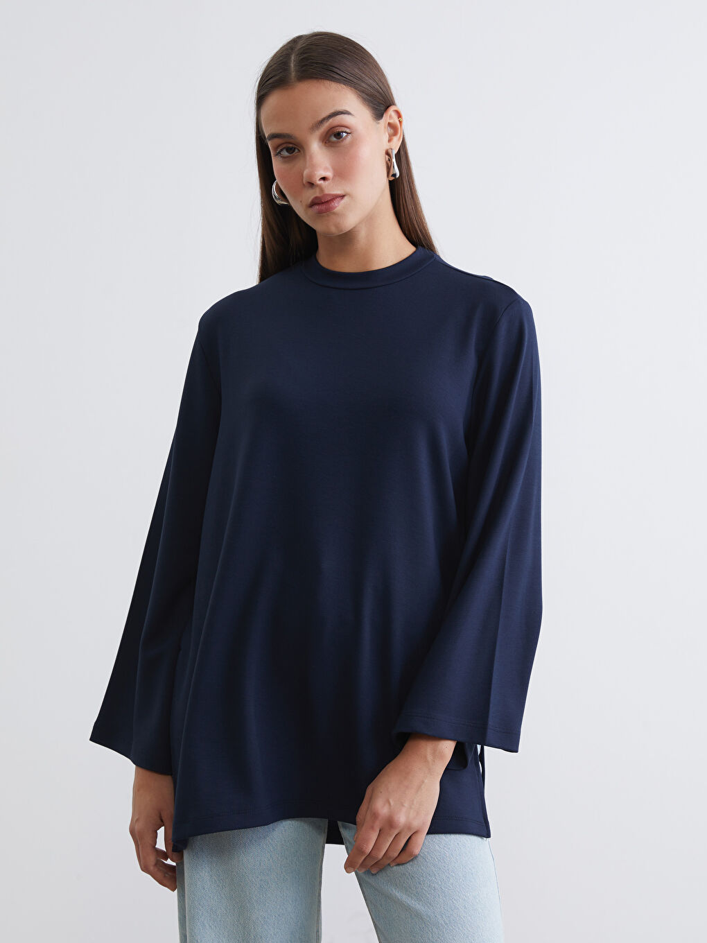 Lacivert Bisiklet Yaka Oversize Kadın Sweatshirt Tunik