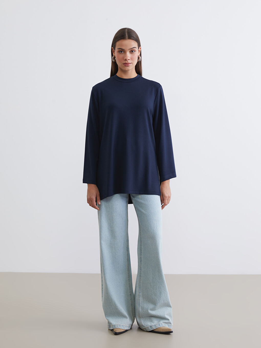 Lacivert Bisiklet Yaka Oversize Kadın Sweatshirt Tunik-1