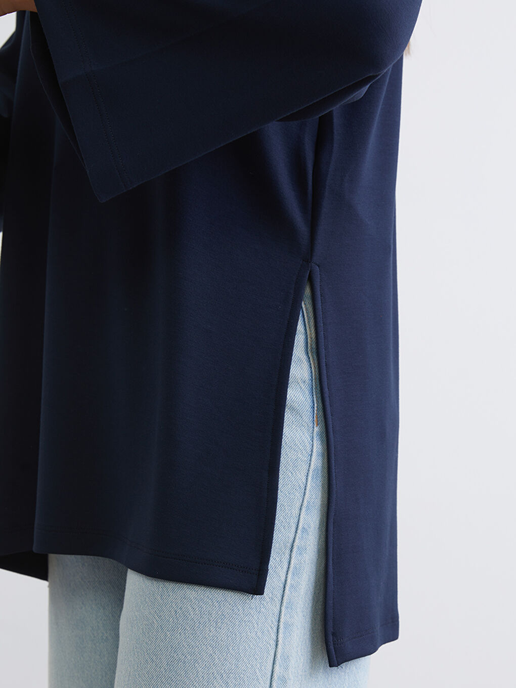 Lacivert Bisiklet Yaka Oversize Kadın Sweatshirt Tunik-2