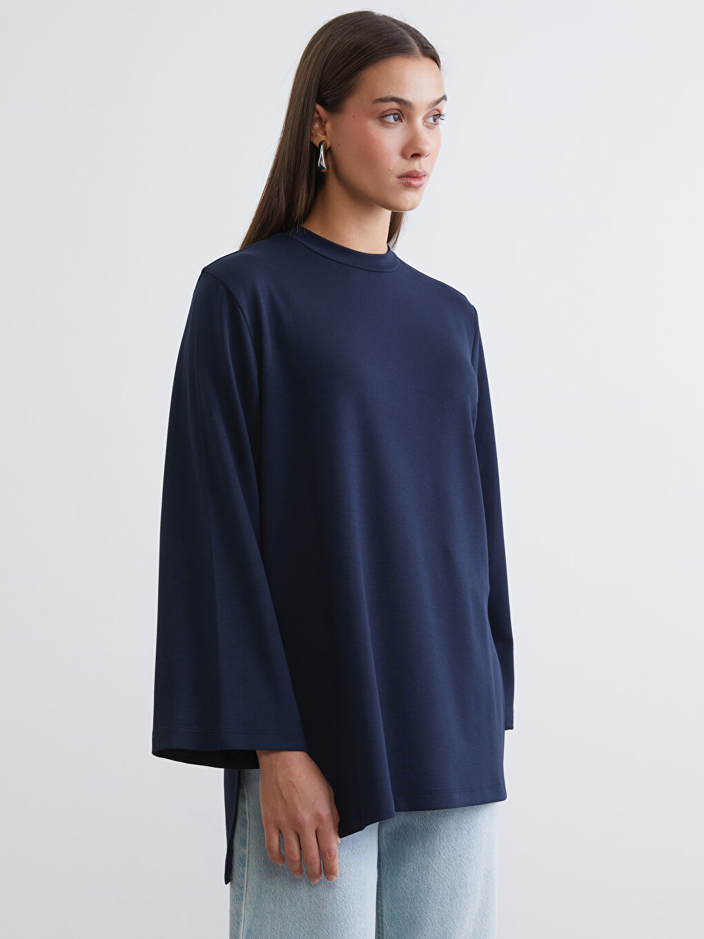 Lacivert Bisiklet Yaka Oversize Kadın Sweatshirt Tunik-3