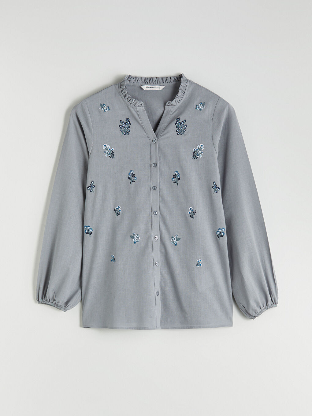 Gri Kaçık Yaka Çiçekli Kadın Gömlek-4