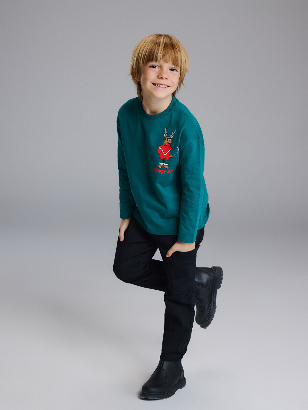 Yeşil Baskılı Uzun Kollu Erkek Çocuk Tişört-1