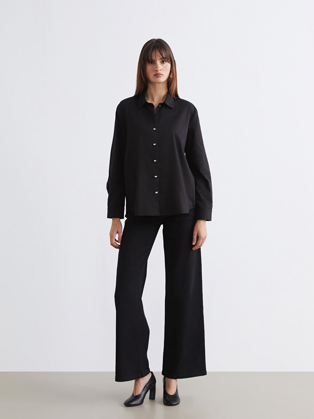 Siyah Loose Fit Poplin Kadın Gömlek	