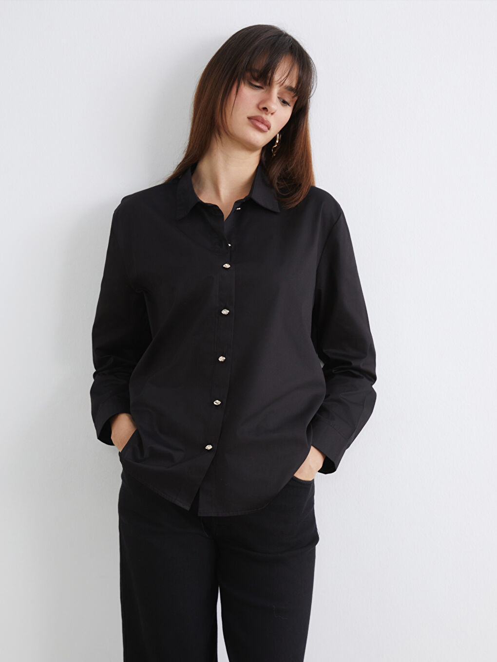 Siyah Loose Fit Poplin Kadın Gömlek	-1