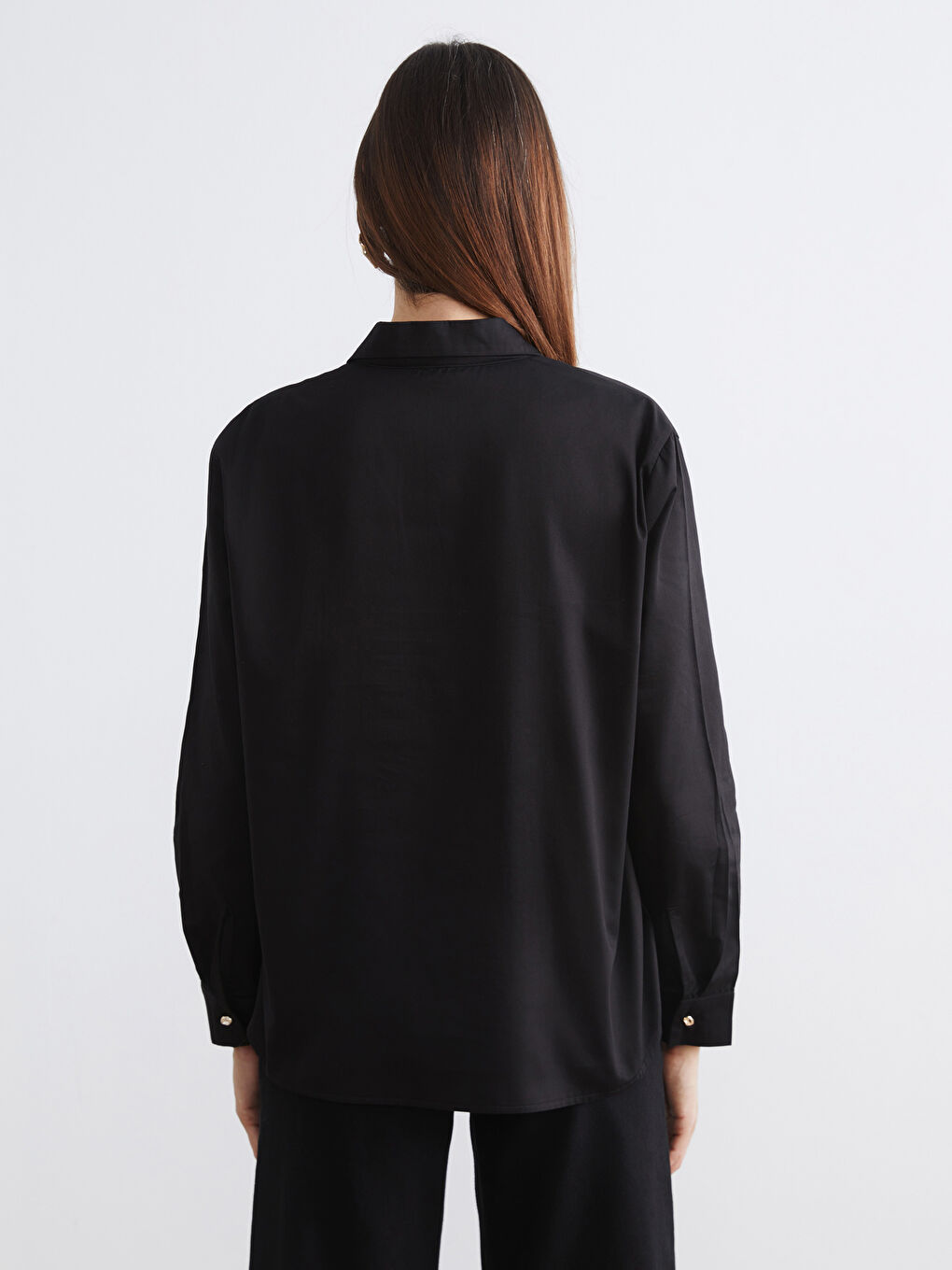 Siyah Loose Fit Poplin Kadın Gömlek	-3