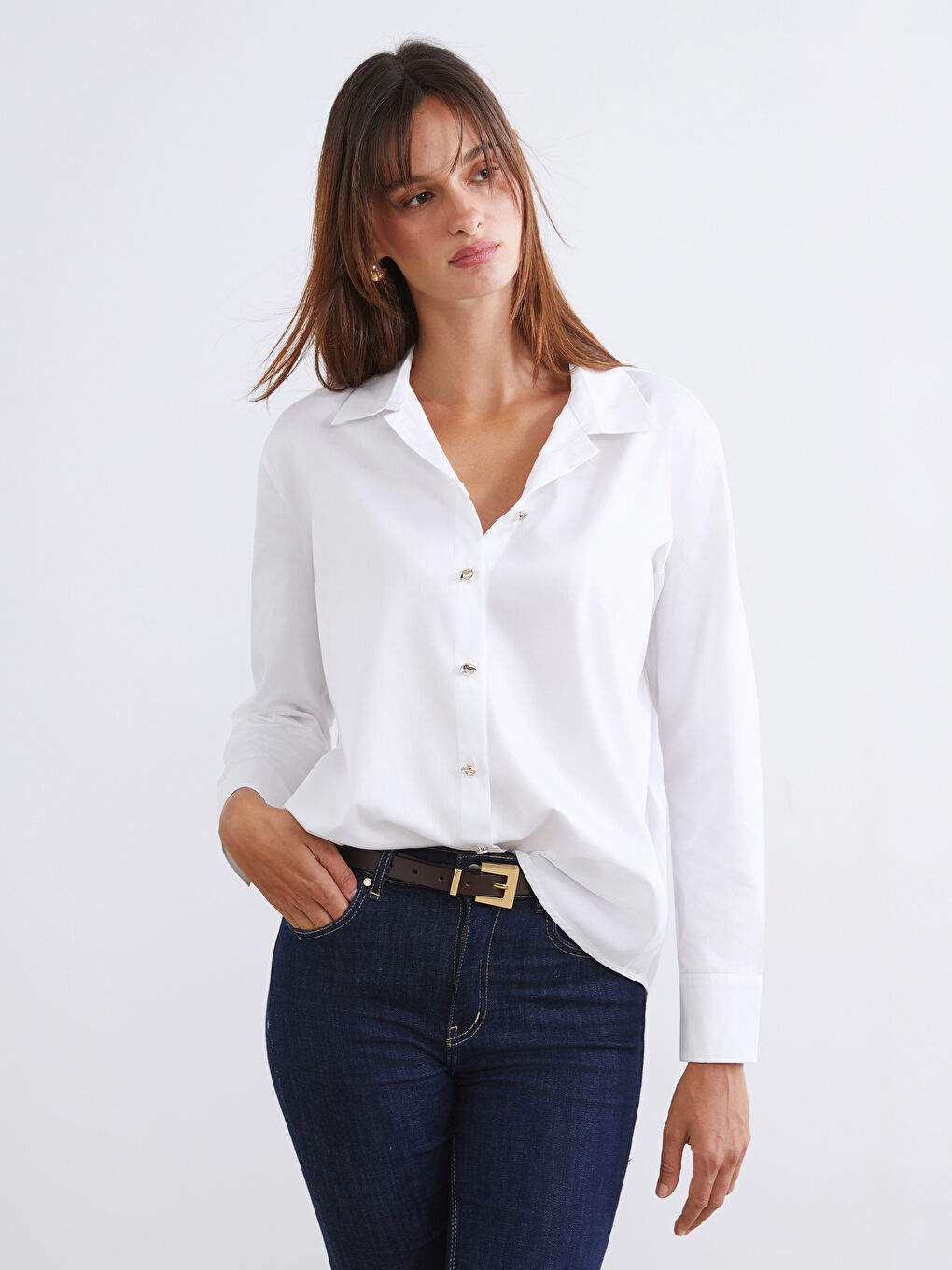 Beyaz Loose Fit Poplin Kadın Gömlek