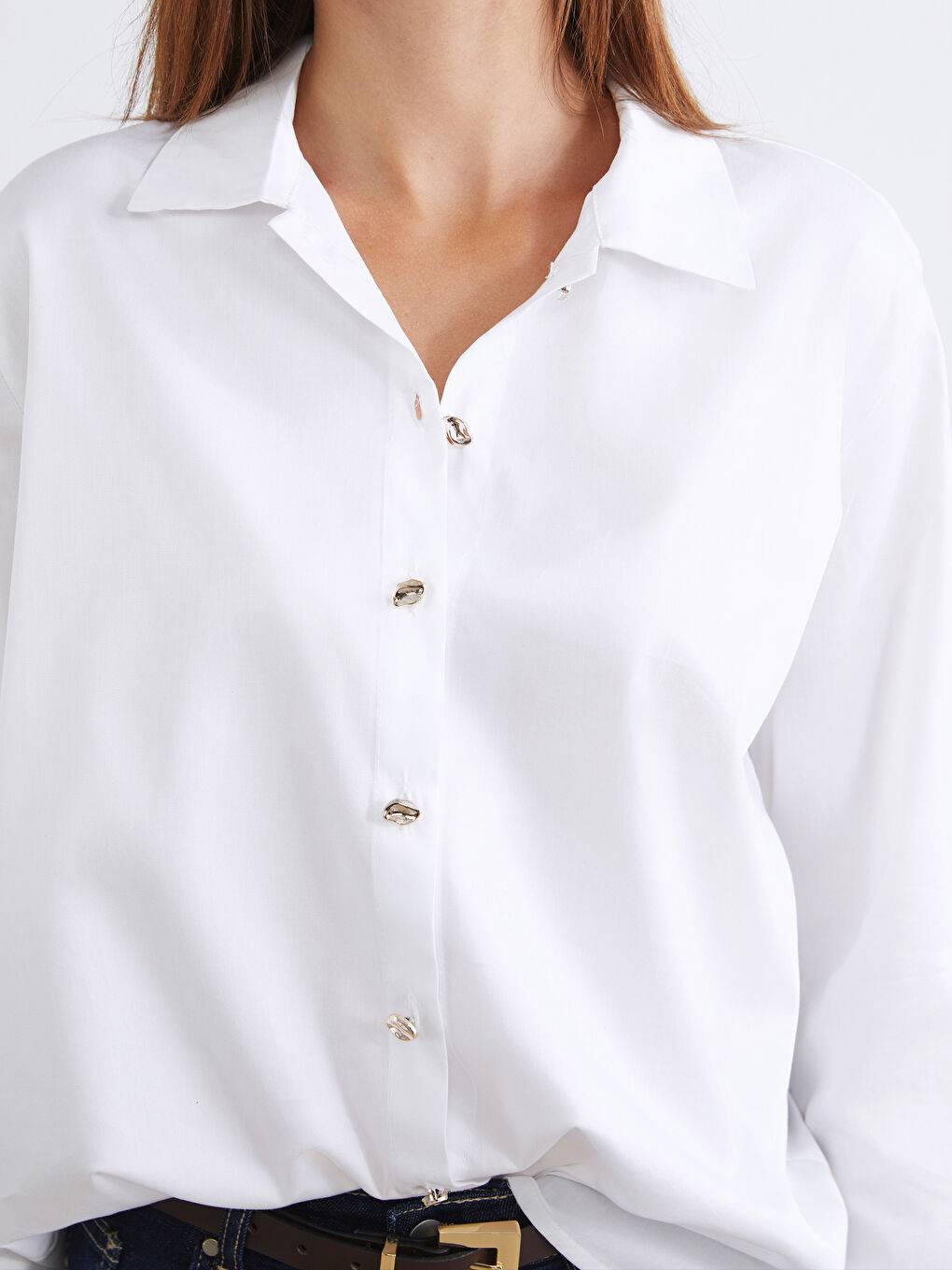 Beyaz Loose Fit Poplin Kadın Gömlek-2