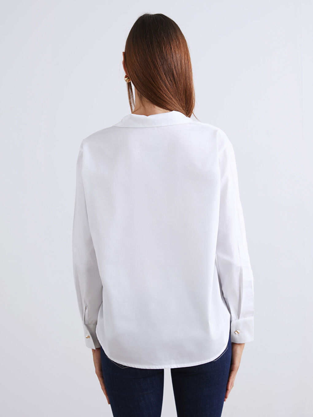 Beyaz Loose Fit Poplin Kadın Gömlek-3