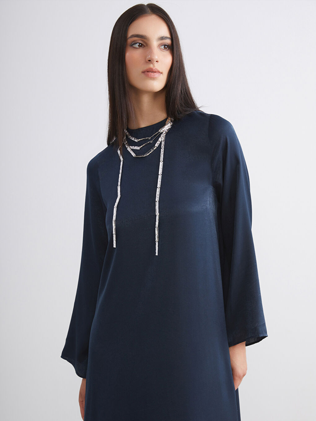 Lacivert Bisiklet Yaka Saten Elbise-1