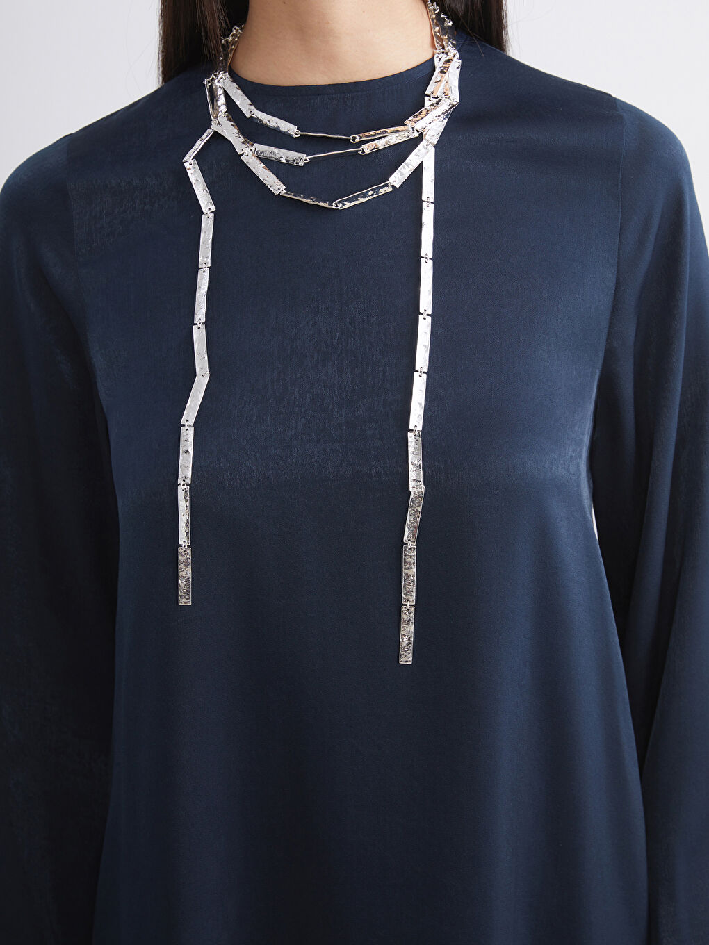 Lacivert Bisiklet Yaka Saten Elbise-2