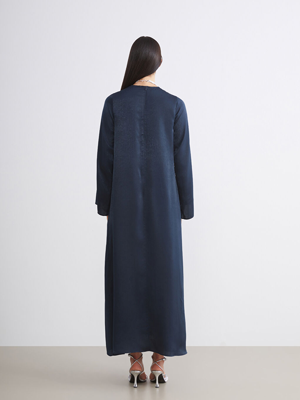 Lacivert Bisiklet Yaka Saten Elbise-3