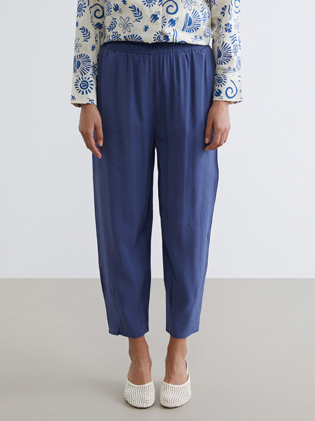 Mavi Beli Lastikli Kadın Pantolon-1