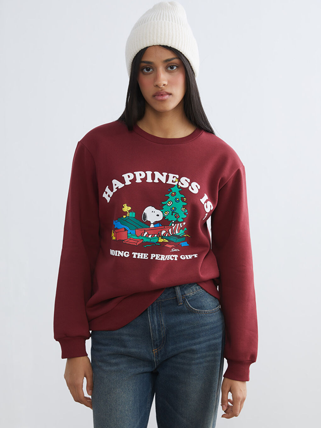 Bordo Snoopy Baskılı Oversize Kadın Kalın Sweatshirt