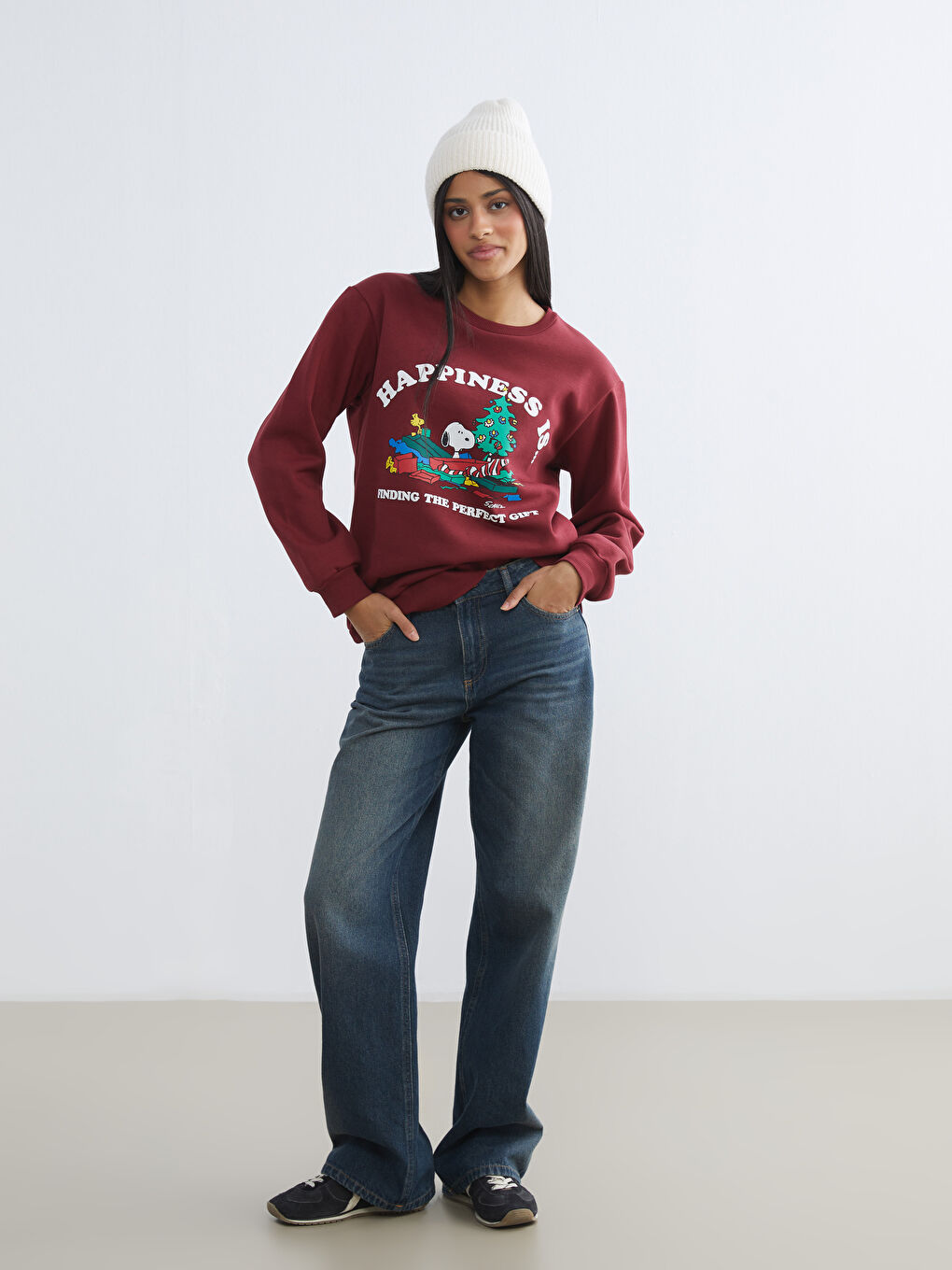 Bordo Snoopy Baskılı Oversize Kadın Kalın Sweatshirt-1