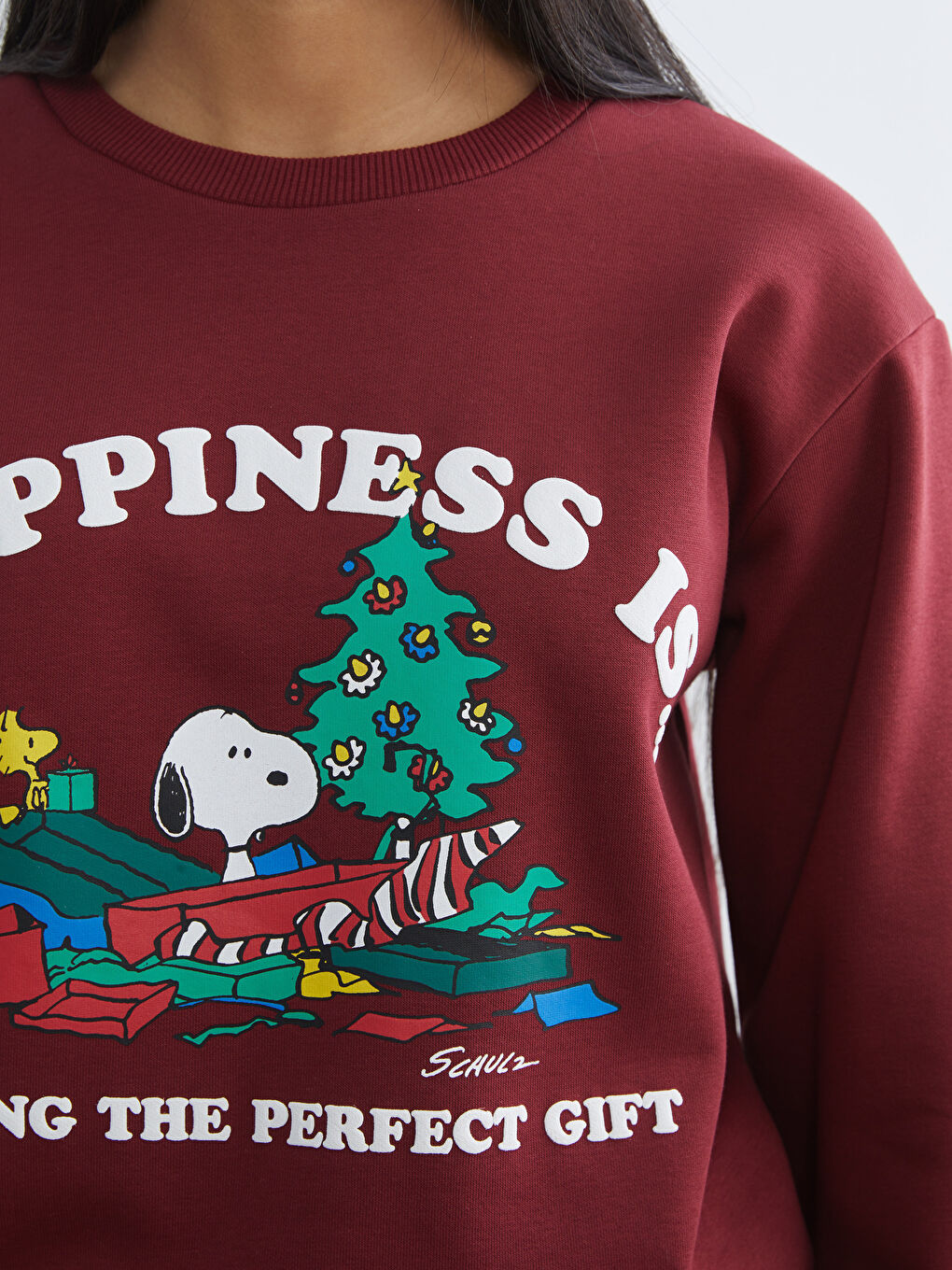Bordo Snoopy Baskılı Oversize Kadın Kalın Sweatshirt-2