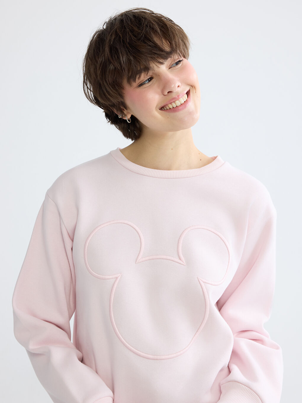 Pembe Mickey Mouse Nakışlı Kadın Kalın Sweatshirt