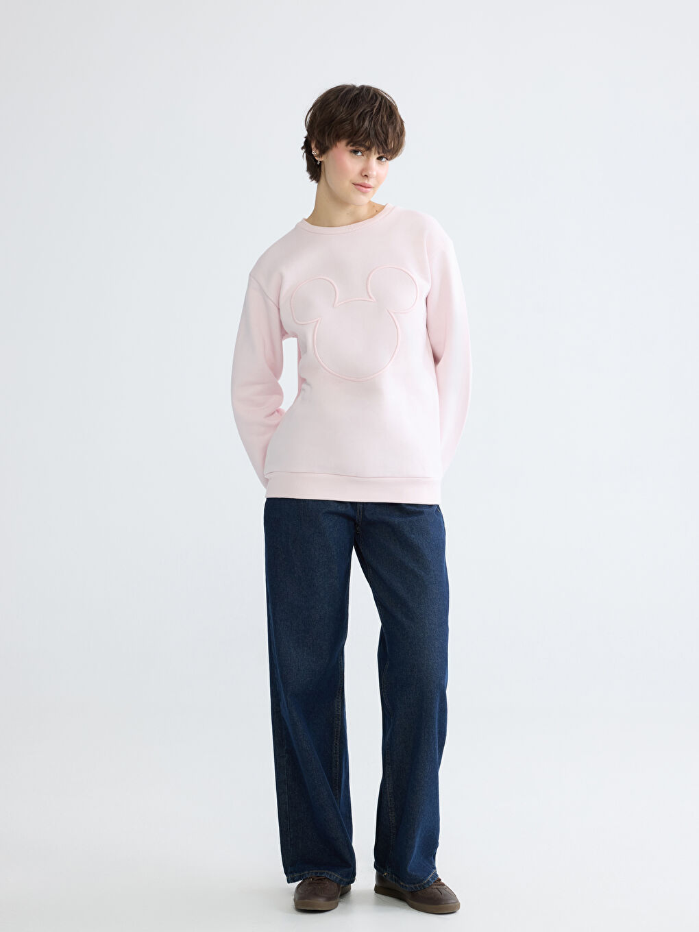 Pembe Mickey Mouse Nakışlı Kadın Kalın Sweatshirt-1