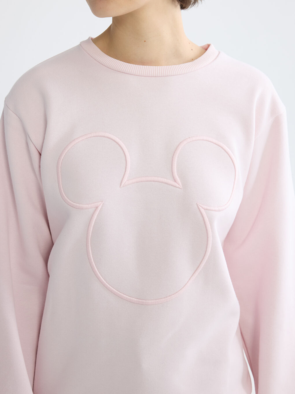 Pembe Mickey Mouse Nakışlı Kadın Kalın Sweatshirt-2